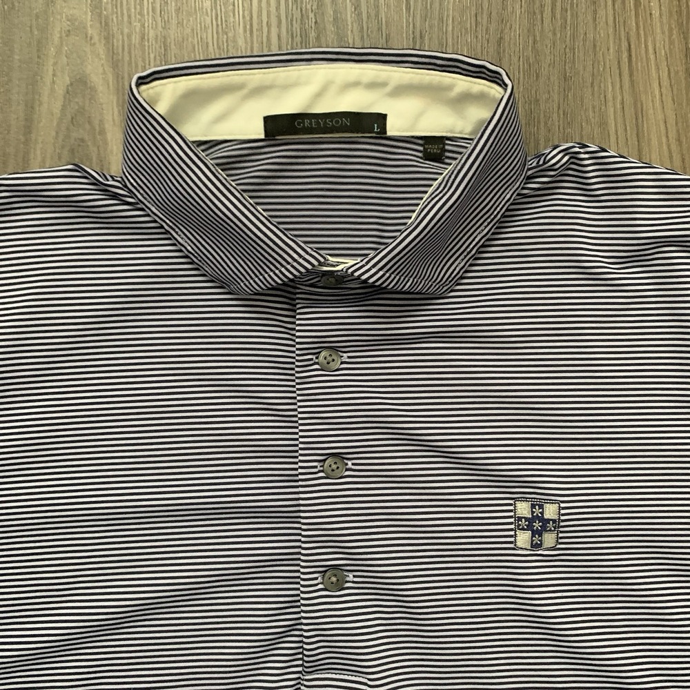 Greyson Polo Shirt Mens Large Blue Stripe Golf Performance Stretch Wolf